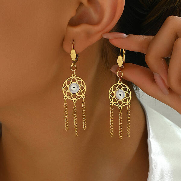 Bohemian Style Stainless Steel Tassel Evil Eye Hoop Earrings for Women