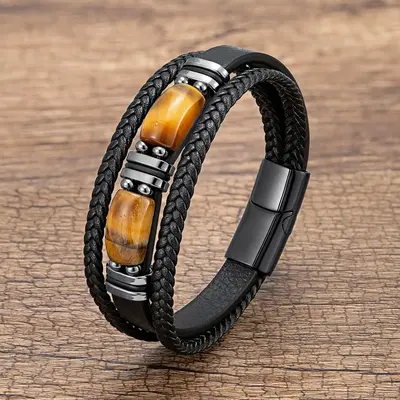 Men's Leather Braided Bracelet Natural Tiger Eye Stone Bracelet Bangle Multilayer Braided Wristband Boho Style Magnetic Closu...