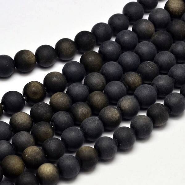 Frosted Natural Golden Sheen Obsidian Round Bead Strands
