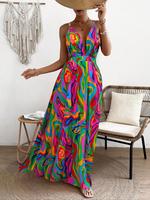 Women's All Over Print Deep V Neck Backless Cami Dress, Elegant Adjustable Strap Criss Cross A Line Dress for Beach Holiday V...