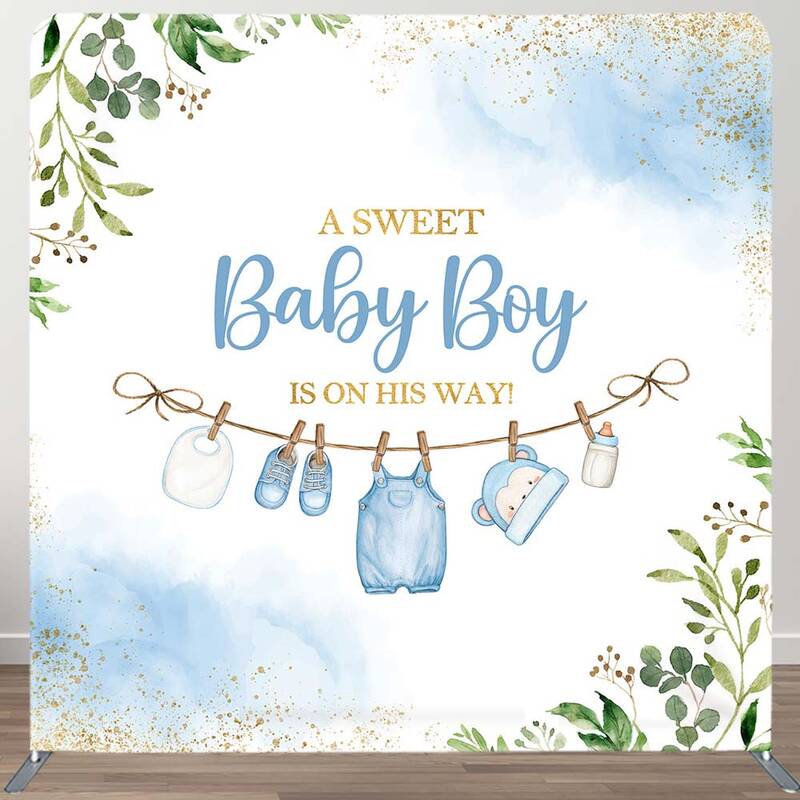 Aperturee Sweet Baby Boy Plant Gender Reveal Square Backdrop | Tension Fabric Backdrop | Fabric Pop Up Straight Display | 8X8...