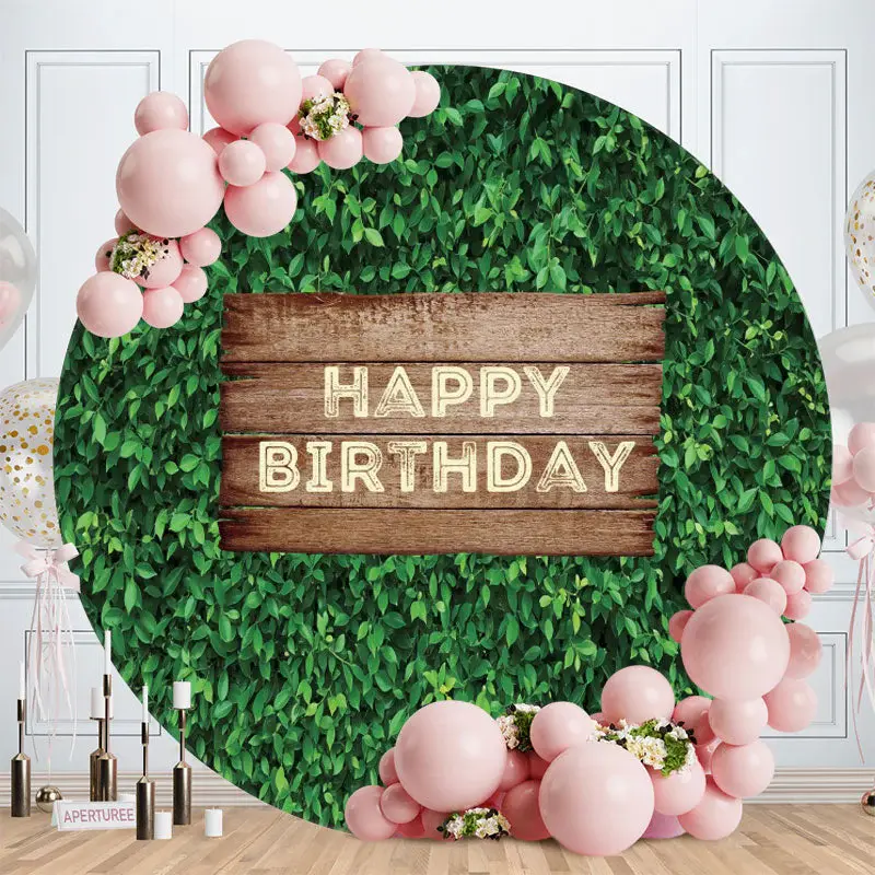 Aperturee Green Leaves Wooden Circle Happy Birthday Backdrop