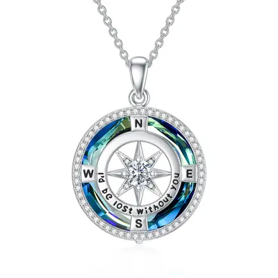 Sterling Silver Compass Crystal Pendant Necklace for Women Men