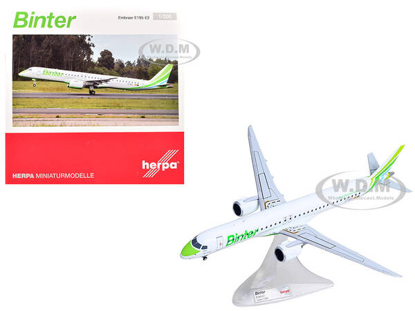 Embraer E195-E2 Commercial Aircraft Binter Canarias (EC-NEZ) White with Green Striped Tail 1/200 Diecast Model Airplane by ...