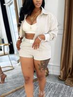 Women's Striped Print Button Shirt & Shorts, Casual Fitted Collared Top & Shorts for Daily Wear, Ladies Two-piece Outfits for...