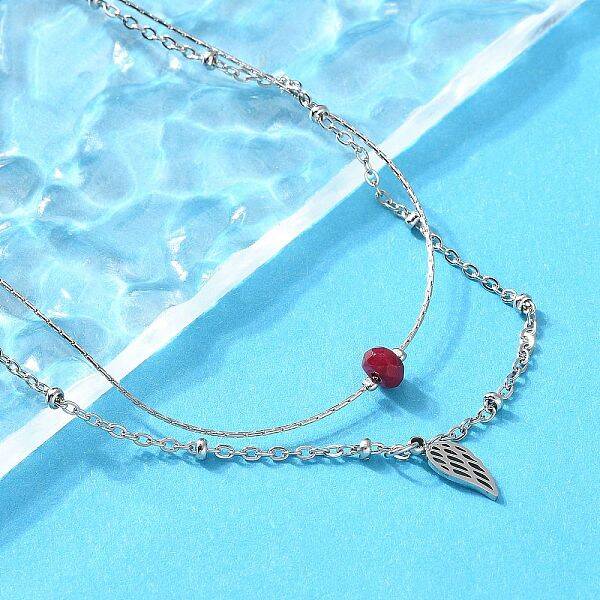 304 Stainless Steel & Dyed Natural White Jade Feather Pendant Double Layer Necklaces for Women