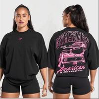 Gymshark Black Oversized T-Shirt with Pink American Muscle Car Print, Women's Casual Workout Tee, Comfortable Loose Fit, Styl...