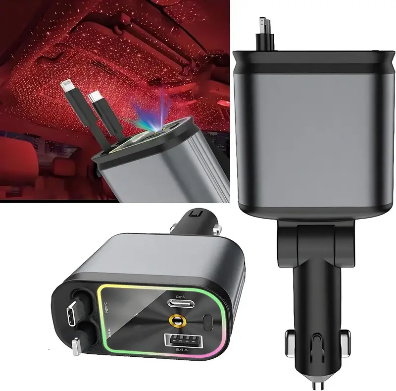 Star Top 4-in-1 Retractable Fast Charger with LED Light Compatible with iPhone & Type-C Dual USB Ports Car Item Efficient Cha...