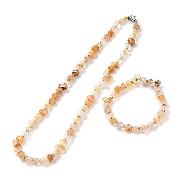 Natural Yellow Hematoid Quartz Chip Beads Bracelets & Necklaces Sets