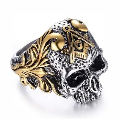 Sterling Silver Two-tone Freemason & Skull Signet Ring for Men