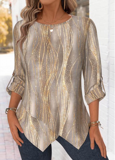 Modlily Gray Brown Ombre Long Sleeve Round Neck Blouse - M