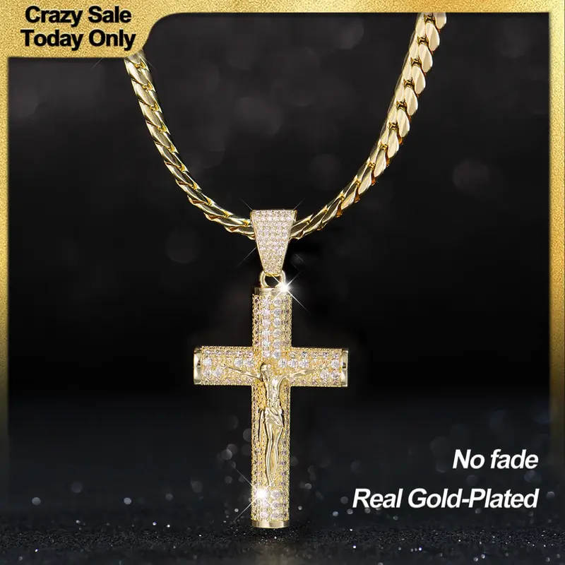 Holylegend 14K Real Gold-Plated Cross Necklace for Men, Advanced Nanotech Tarnish-Free Miami Cuban Figaro Rope Chains with Je...