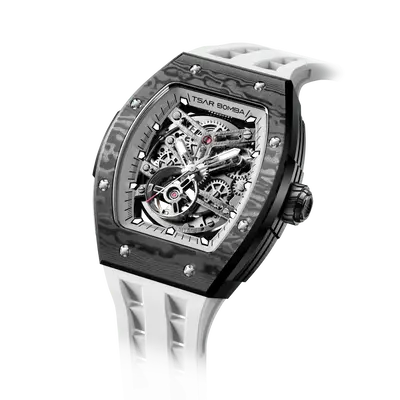 TSAR BOMBA Men's Automatic Watch | Elite White | Stainless Steel Case | Carbon Fiber Bezel | Japanese Mechanical Skeleton Mov...
