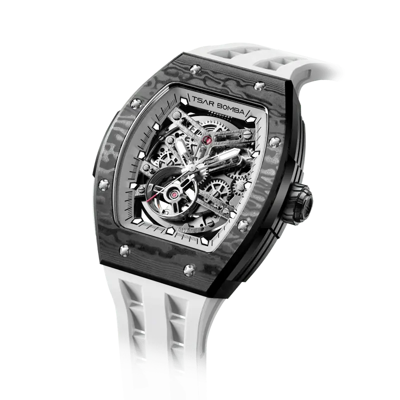 TSAR BOMBA Men's Automatic Watch | Elite White | Stainless Steel Case | Carbon Fiber Bezel | Japanese Mechanical Skeleton Mov...