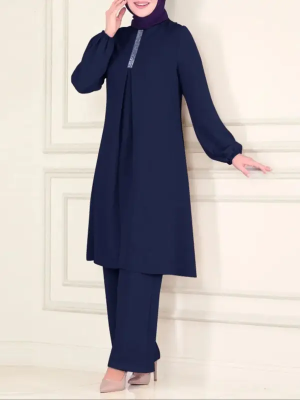 Two-Piece Set Women's Contrast Sequin Plicated Keyhole Neckline Blouse & Wide Leg Pants Set, Modest Casual Bishop Sleeve Top...