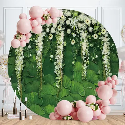 Aperturee White Floral Round Birthday Scenery Backdrop