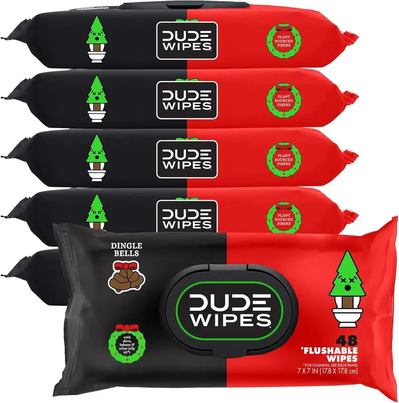 DUDE Wipes - Flushable Wipes for Adults - 6 Pack, 288 Wipes - Dingle Bells Extra Large with Crisp Pine, Balsam, and Other Jol...