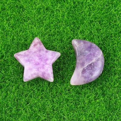 Natural Lepidolite/Purple Mica Stone Healing Moon & Star Ornaments