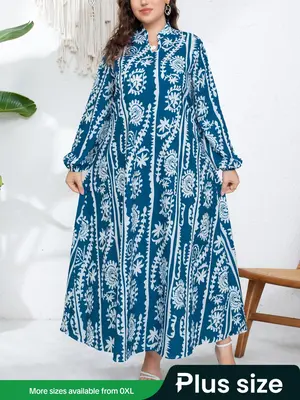 ćPlus Sizeć Ethnic Pattern Notched Neck Dress, Boho Fashion Long Sleeve Dress for Daily Holiday Vacation Wear, Women's Is...