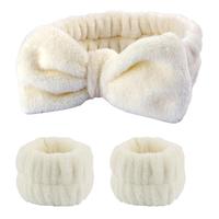 Cute Facial Washing Accessories for Women & Girls, 1 Count Bowknot Decor Headband & 2 Counts Wrist Bands, Soft Face Washing B...