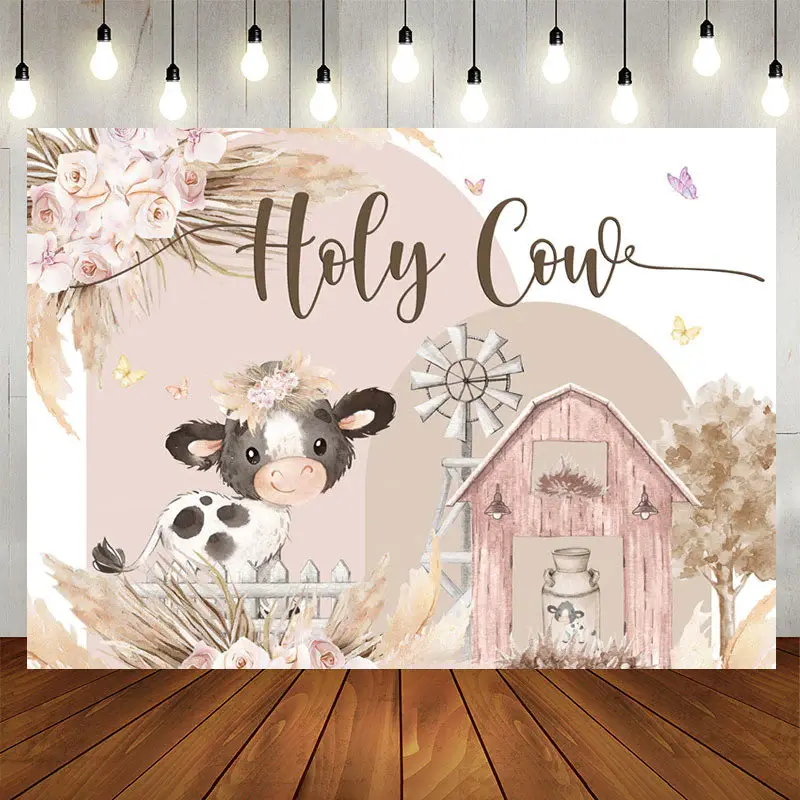 Aperturee Floral Farm Holy Cow Cute Birthday Backdrop