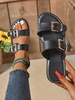 Sandals for Summer, Women's Fashionable Solid Color PU Leather Double Band Slides, Casual Comfortable Flats, Lightweight Brea...