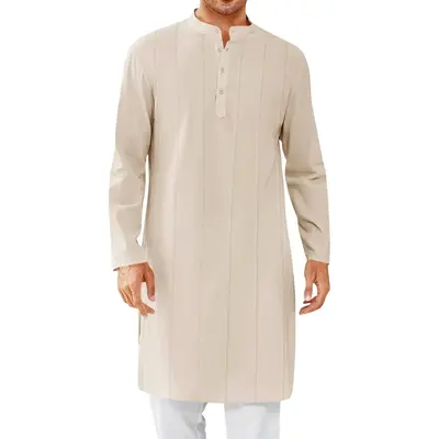 PASLTER Mens Kaftan Thobe Button Down Henley Shirts Robe Long Sleeve Casual Cotton Pleated Muslim Gown Shirt