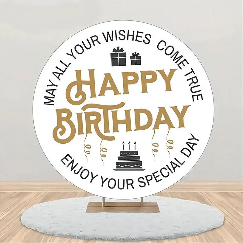Golden Letters Ribbon Simple Round Birthday Backdrop - Aperturee