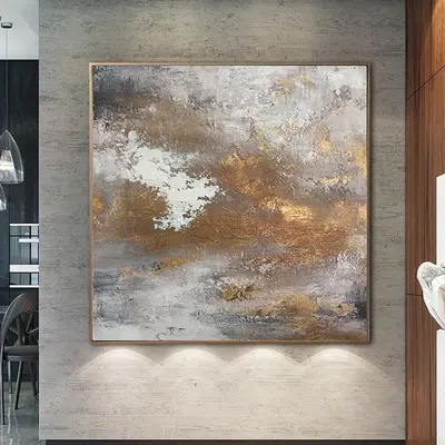 Abstract Oil Painting Gold Leaf Wall Art Heavy Textured Art Neutral Wall Art Abstract Expressionist Artwork for Living Room D...