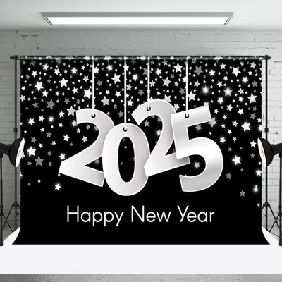 Black Silver Stars 2025 Happy New Year Backdrop - Aperturee