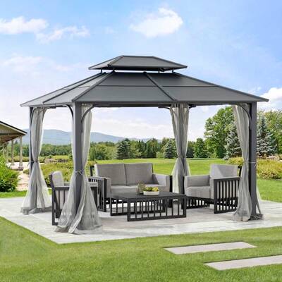 SUNJOY 10x12 Metal Hardtop Gazebo with Netting and Ceiling Hook -Black