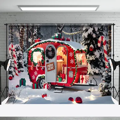 Gift Candy Canes Camping Red Christmas Backdrop - Aperturee