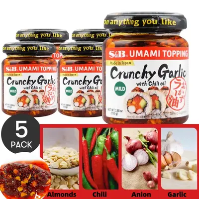 5Packs S&B Crunchy Garlic with Chili Oil - Mild, 3.88oz/Pack Use As A Versatile Topping For Chicken, Sushi, Pasta, Salad, Noo...