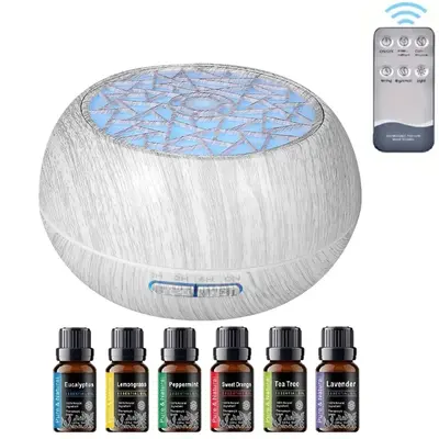 Family Sized 550ml Ultrasonic Air Humidifier & Aroma Diffuser, Wood Grain Design, Remote Operation, 7 LED Mood Lights, 6 Esse...