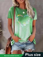 【Plus Size】 Ombre & Heart Print Round Neck Tee, Casual Short Sleeve Crew Neck T-shirt for Summer, Women's Clothing for Da...