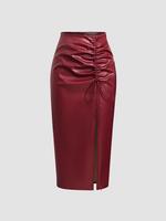 Women's Ruched Adjustable Drawstring Split Thigh Pu Leather Skirt, Fashion Casual High Waist Long Skirt for Daily Wear, Women...