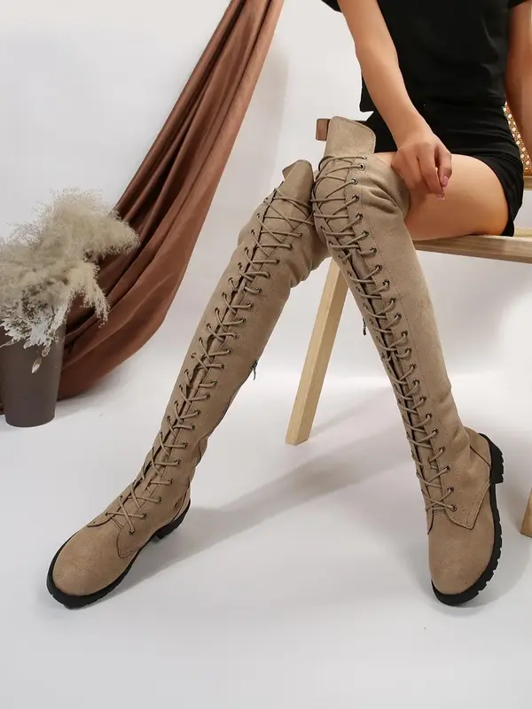 Women's Lace Up Front Simple Over-the-knee Boots, Elegant Fashionable Solid Color Round Toe Boots for Daily Wear, Fashion Sho...