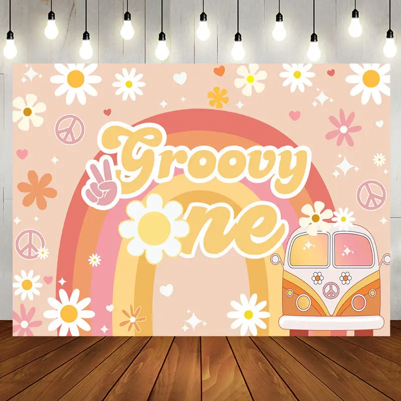 Floral Rainbow Boho Car Groovy One Birthday Backdrop - Aperturee