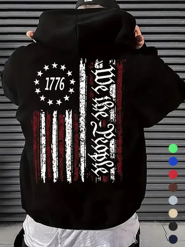 Men's Letter & Flag Print Drawstring Hoodie, Casual Regular Fit Long Sleeve Pocket Hooded Sweatshirt for Spring & Fall, Fashi...