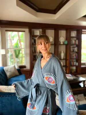 Stone Printed Muslim Kimono, Organic Cotton Handmade Caftan Robe, Boho Natural Gauze Dressing Gown, Soft Home-wear,Cozy Long ...