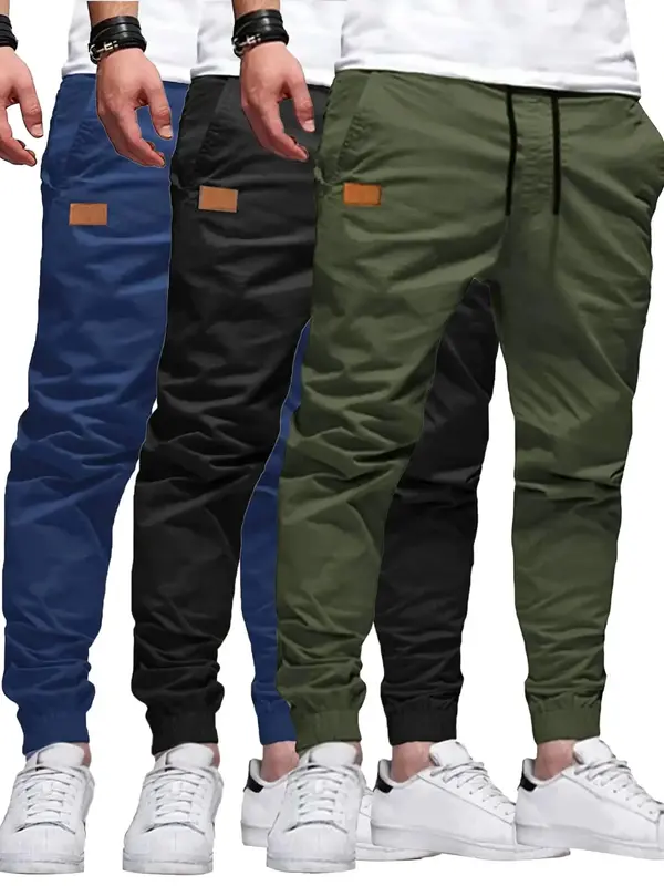 Men's Solid Color Patched Design Drawstring Waist Pants, Casual Fashionable Elastic Waist Pocket Trousers for Spring & Fall, ...