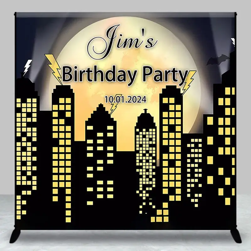 Night Building Yellow Moon Custom Birthday Backdrop - Aperturee