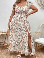 【 Plus Size】 Floral Print Ruffle Hem Split Thigh A Line Vintage Dress, Slim Fit Elegant Puff Sleeve Tie Front Dress for B...