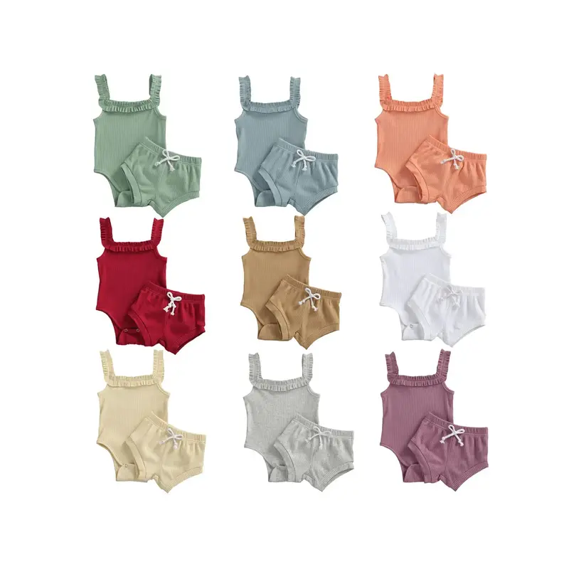 Newborn Baby Girl Knit Clothes Ruffles Straps Bodysuits Romper Tops Shorts Pants Outfit Ribbed Toddler Girl Cloths