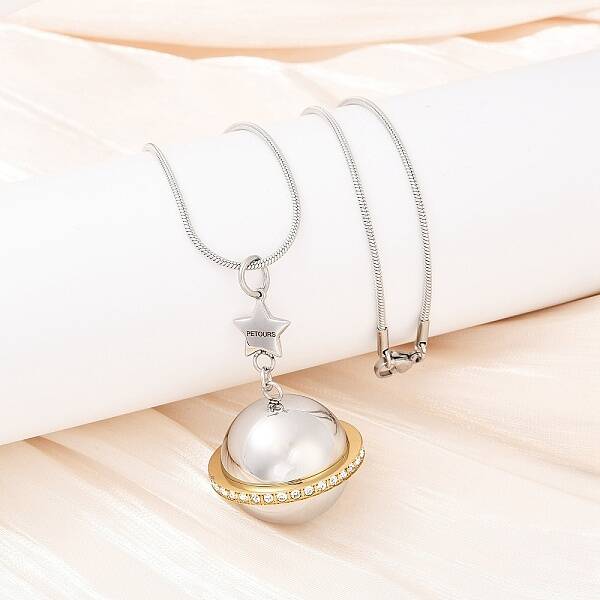 304 Stainless Steel Micro Pave Clear Cubic Zirconia Planet Pendant Pet Urn Ashes Necklaces
