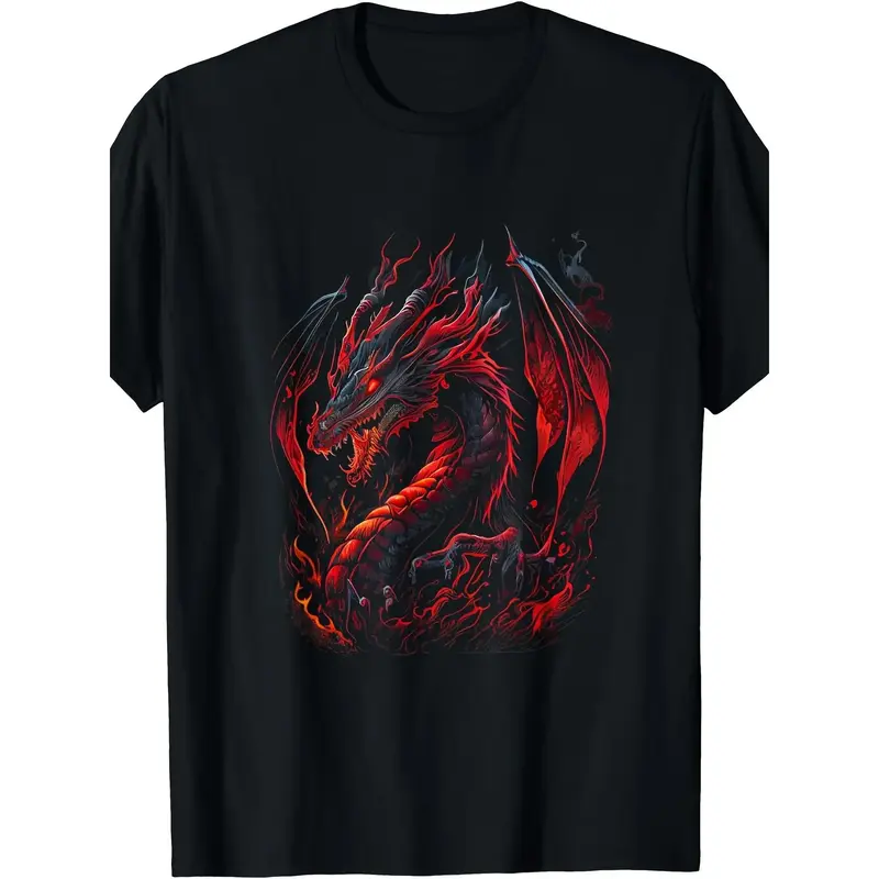 Men's Red Firedrake Dragon Graphic T-Shirt -  100% Cotton T-Shirt - Versatile for Casual, Sports, Festive, All-Season Wear