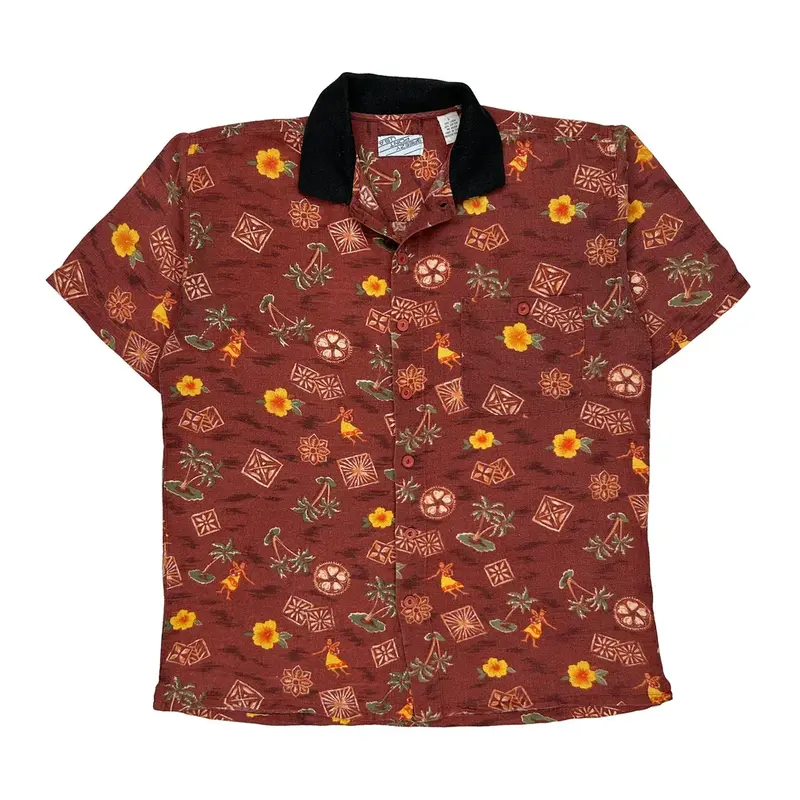 Breezy Point Usa Hawaiian Shirt - Large Brown Linen Blend