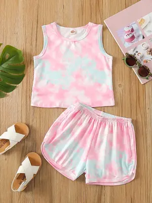 Girl's Tie Dye Print Tank Top & Shorts Two-piece Set, Casual Round Neck Sleeveless Top & Shorts for Summer, Kids Clothes for ...