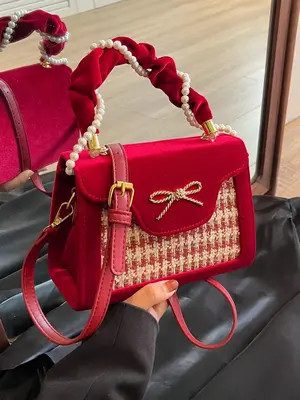 Patchwork & Houndstooth Pattern Tweed Handbag, Bow Design Crossbody Bag with Faux Pearl Decor Top Handle for Wedding Party, S...