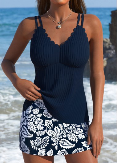 Modlily Mid Waisted Paisley Print Navy Tankini Set - M
